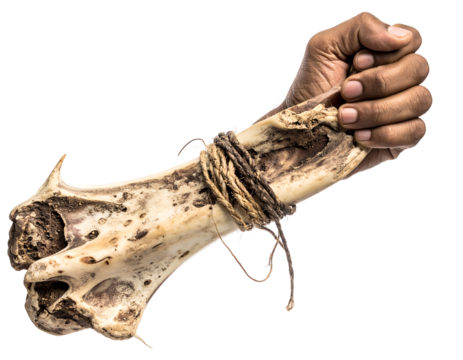 Dark-Skinned Hand Holding a Large Bone Wrapped in Twine