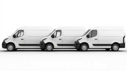 Three white delivery vans parked side-by-side on a plain white background