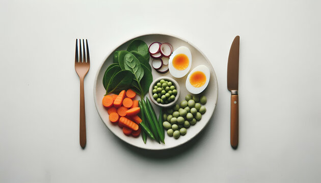 A top-down image of a small vegetarian meal with plain ingredients on a white plate, minimal background.