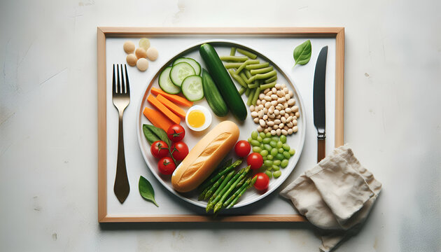 A top-down image of a small vegetarian meal with plain ingredients on a white plate, minimal background.
