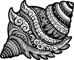 A black and white sea shell illustration line art of a coloring page