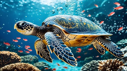 Majestic Sea Turtle Gracefully Navigating Coral Reef