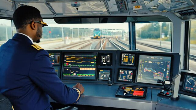 A train conductor man in uniform operates a modern locomotive from a high-tech control cabin. Digital displays and navigation systems, he ensures a safe and smooth railway journey on the tracks ahead.
