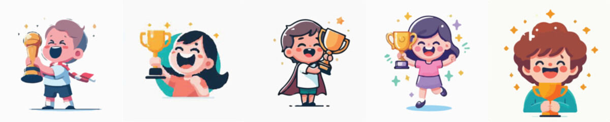 Vector of a proud child of parents holding a champion's trophy