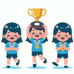 Vector of a proud child of parents holding a champion's trophy