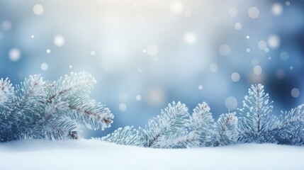 A snow-covered pine tree branch with snowflakes falling against a blue sky with a soft glow.