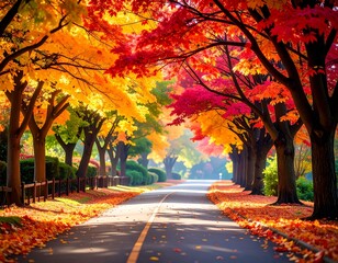 Enjoy the season by taking a walk along a quiet road surrounded by colorful autumn leaves.