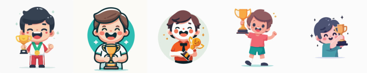 Fototapeta premium Set vector of a child holding a champion trophy