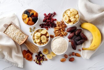 Healthy Ingredients Spread with Dried Fruits, Nuts, and Oats on a White Background for Nutritional and Culinary Inspiration