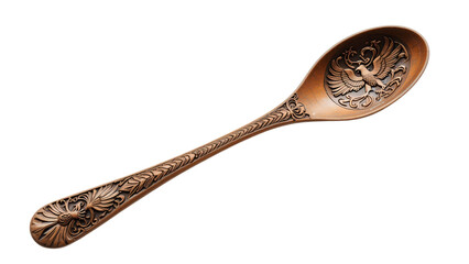 Isolated Traditional Albanian Ceremonial Wedding Spoon Carved with Double Headed Eagle Symbol  On White Background