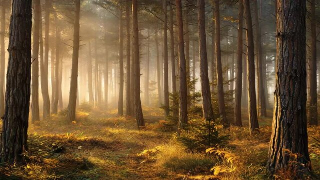 Golden sunlight streams through a dense pine forest, illuminating a misty path. Autumnal colors paint the undergrowth in warm hues. Tall, slender trees create a sense of depth and mystery.