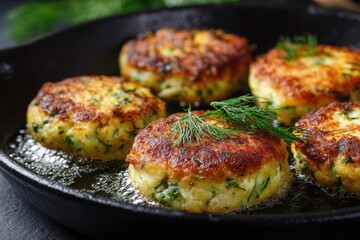 Closeup of savory dill fish cakes in a pan on the table