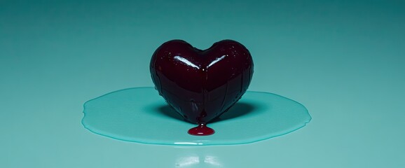 A heart-shaped liquid, dripping onto a glossy surface against a pale cyan background