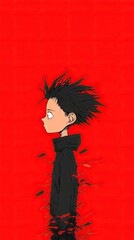 Anime-style boy in black hoodie against a vibrant red backdrop, a visual juxtaposition of angst