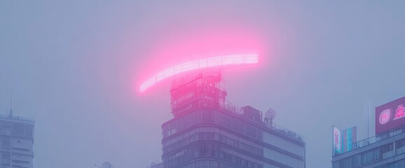 Cityscape with pink neon light above building under a hazy gray sky