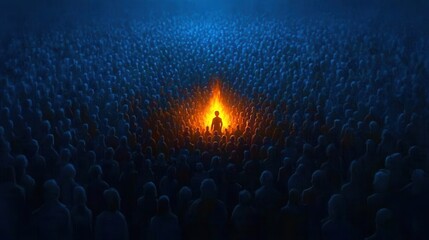Obraz premium Solitary Figure Before a Vast Crowd Illuminated by Fire