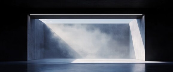 Concrete room with sunlight and haze filtering in, creating a moody, serene indoor landscape