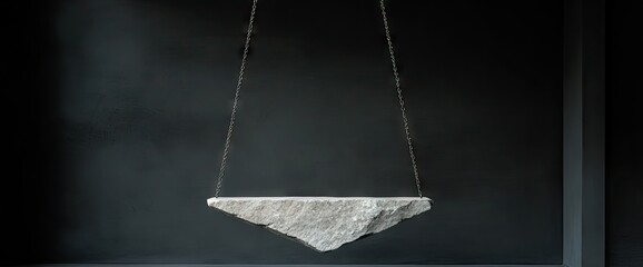 Stone piece hanging by metal wires on dark background, stone appears fragmented with a sharp, triangular point
