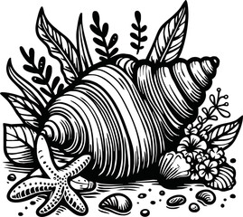 A black and white sea shell illustration line art of a coloring page