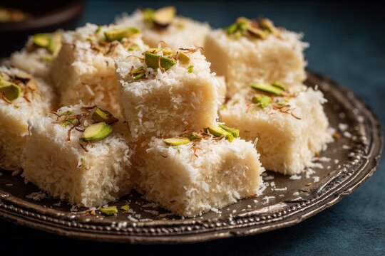 Coconut barfi is a sweet cake presented on a plate with selective focus