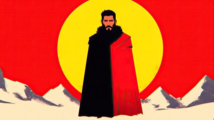 Man in cloak against vibrant sunset backdrop