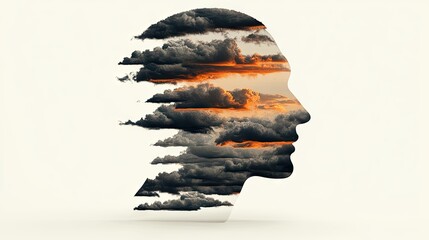 Silhouette head filled with dramatic clouds and an orange sky
