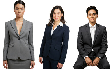 Studio portrait of three diverse professional women in business suits, standing and sitting against a transparent background, representing corporate success and collaboration.