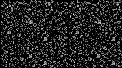 White doodles of pet related items on a black background creating a seamless pattern design