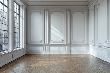 Spacious, light-filled room with classic paneled walls and hardwood floors.