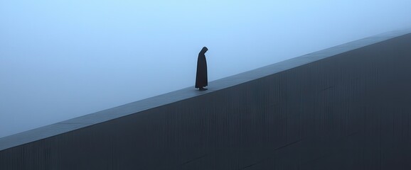 Solitary figure ascends a misty incline