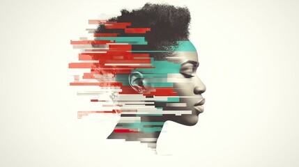 A person?s portrait with horizontal abstract lines across the face against a white background