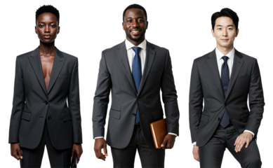Three diverse business professionals, including a Black woman, a Black man, and an East Asian man, posing formally in dark suits against a transparent background.