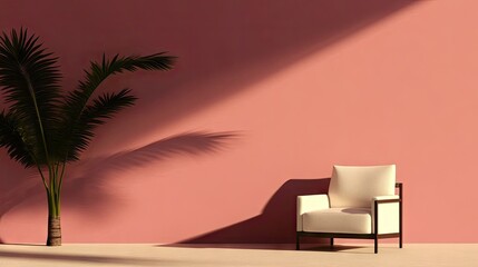 Plant casts shadows on the wall next to a chair. Soft lighting. Minimalist decor