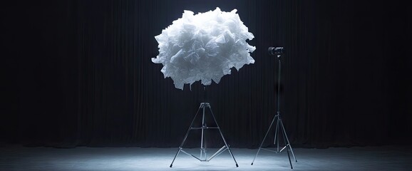 Fluffy cotton cloud in studio setting, with tripod stands and soft lighting, on dark backdrop