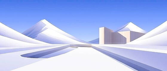 Snowy scene with mountains, building, and blue sky; modern art