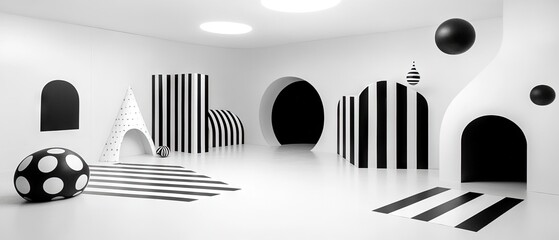 Surreal monochromatic scene with geometric shapes and contrasting patterns in a modern room