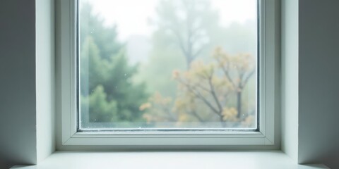 A softly blurred view through a window pane, showcasing an out-of-focus verdant landscape bathed in a muted light