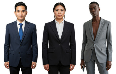 Three diverse young adults, two males and one female, professionally dressed in business suits against a stark black studio background.