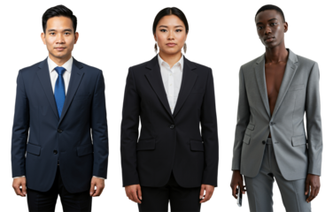 Three diverse young adults, two males and one female, professionally dressed in business suits against a stark black studio background.