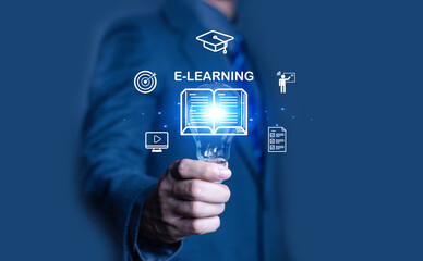Man holding light bulb on virtual screen. Online education concept. Choose the correct answer....