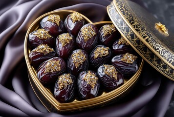 Luxurious Heart-Shaped Box of Decorated Dates on Silk Fabric for Celebrations and Special Occasions in Gourmet Style