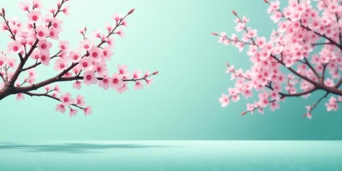 Fototapeta premium Pastel Pink Blossoms Frame a Serene Aqua Background Ideal for Springtime Designs and Projects