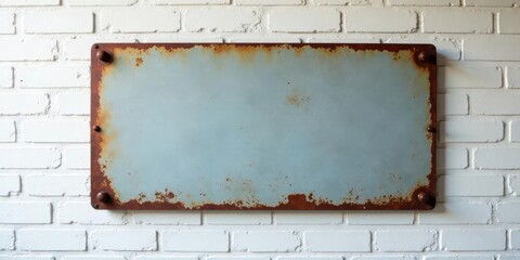 Rustic Weathered Metal Sign on White Brick Wall Perfect for Vintage Design and Industrial Decor