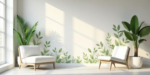 Serene Minimalist Living Room with Greenery Wall Decor and Natural Light