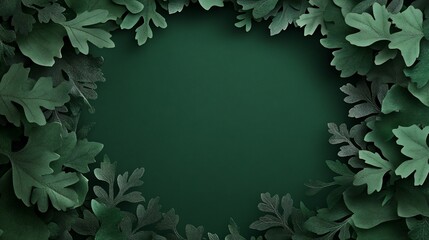 Circular frame of leaves on dark green background.  Image is visually appealing and simple