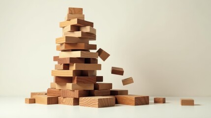 Precarious Wooden Blocks Tower Instability Concept A Study in Balance and Potential Collapse