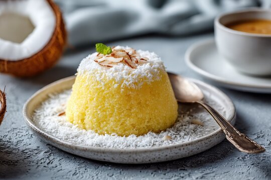 Coconut sweet couscous pudding served on a marble table with a focus on the dish