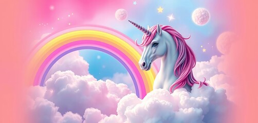 Obraz premium Magical unicorn with rainbow and fluffy clouds on birthday card background, festive, graphic
