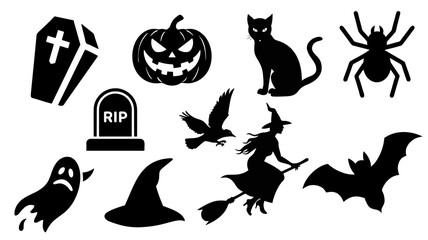 Fototapeta premium Vector Halloween icon set featuring spooky silhouettes like witch, pumpkin, ghost on transparent background
