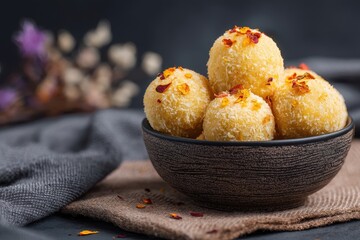 Coconut sweets or Nariyal Laddu prepared with sweetened condensed milk a festive favorite Styled against a dramatic backdrop with focused detail